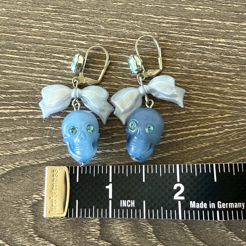 Tarina Tarantino Blue Skull Earrings with Light Blue Bows - Picture 5 of 5